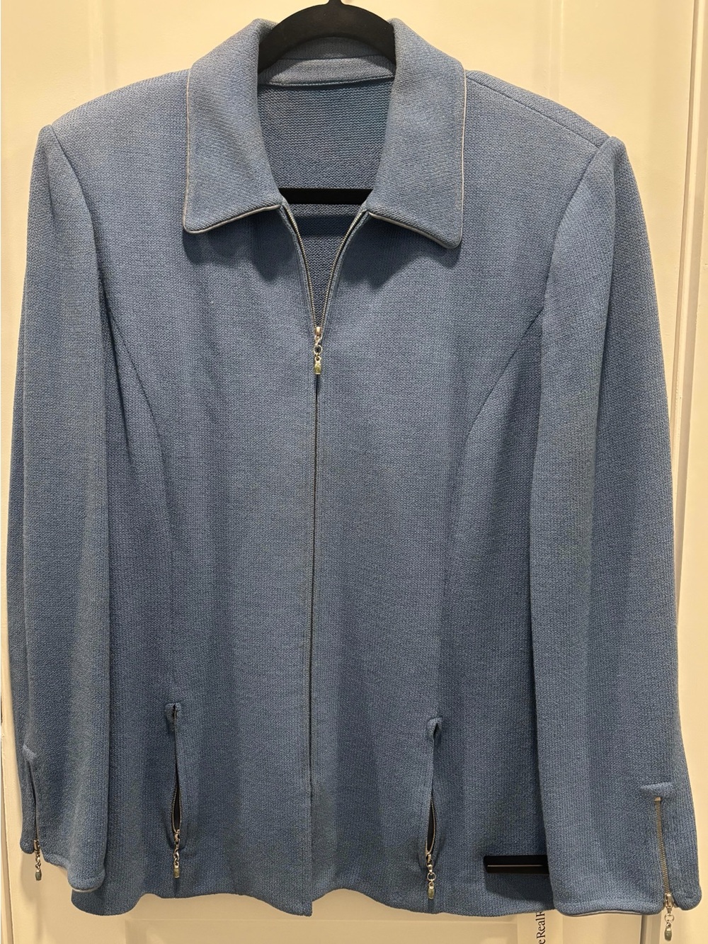 St. John Collection Light Blue Zip-Front Knit Blazer